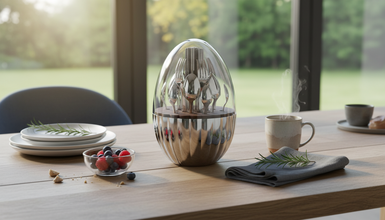 Modern Egg-Shaped Silverware Set with Walnut (24pc)