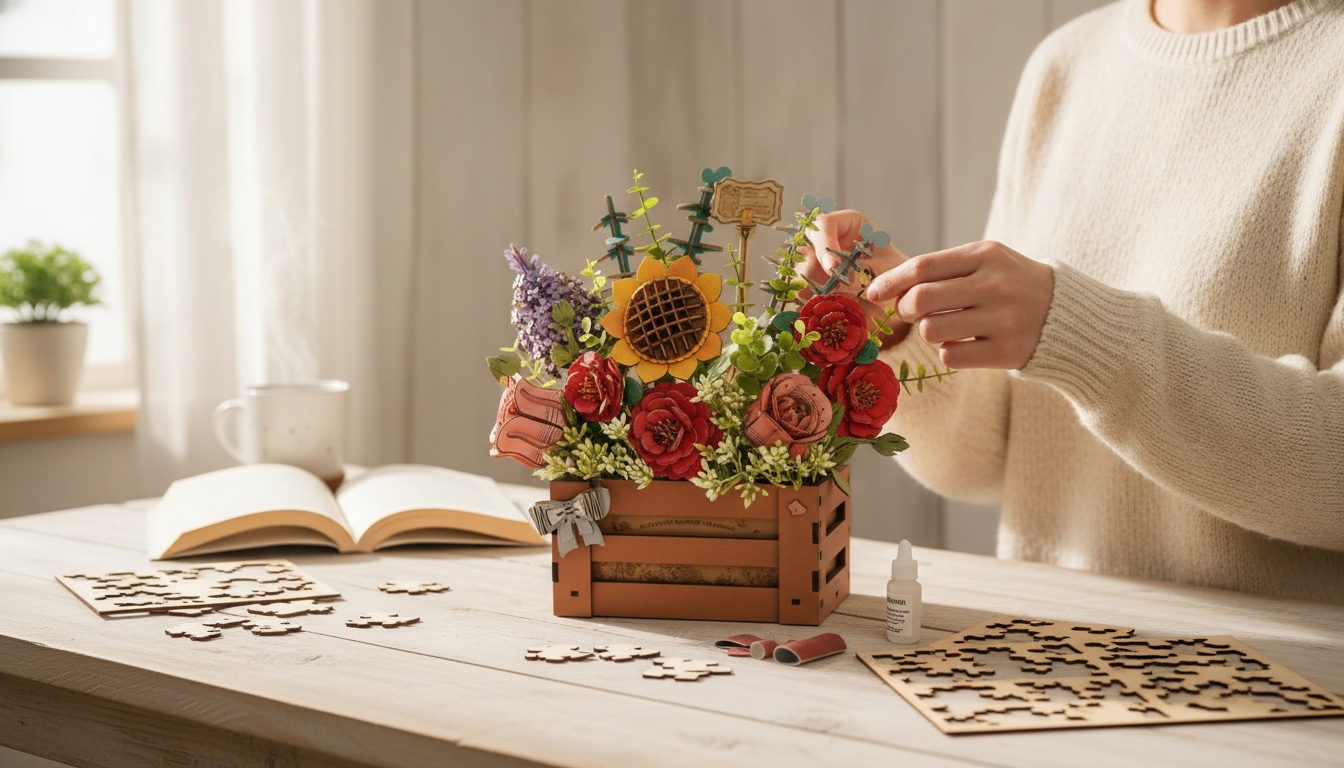 DIY Wooden Bloom Box 3D Puzzle Kit: Build & Display