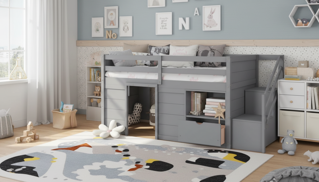 Twin Low Loft Bed with Storage: Kids Game House Nook
