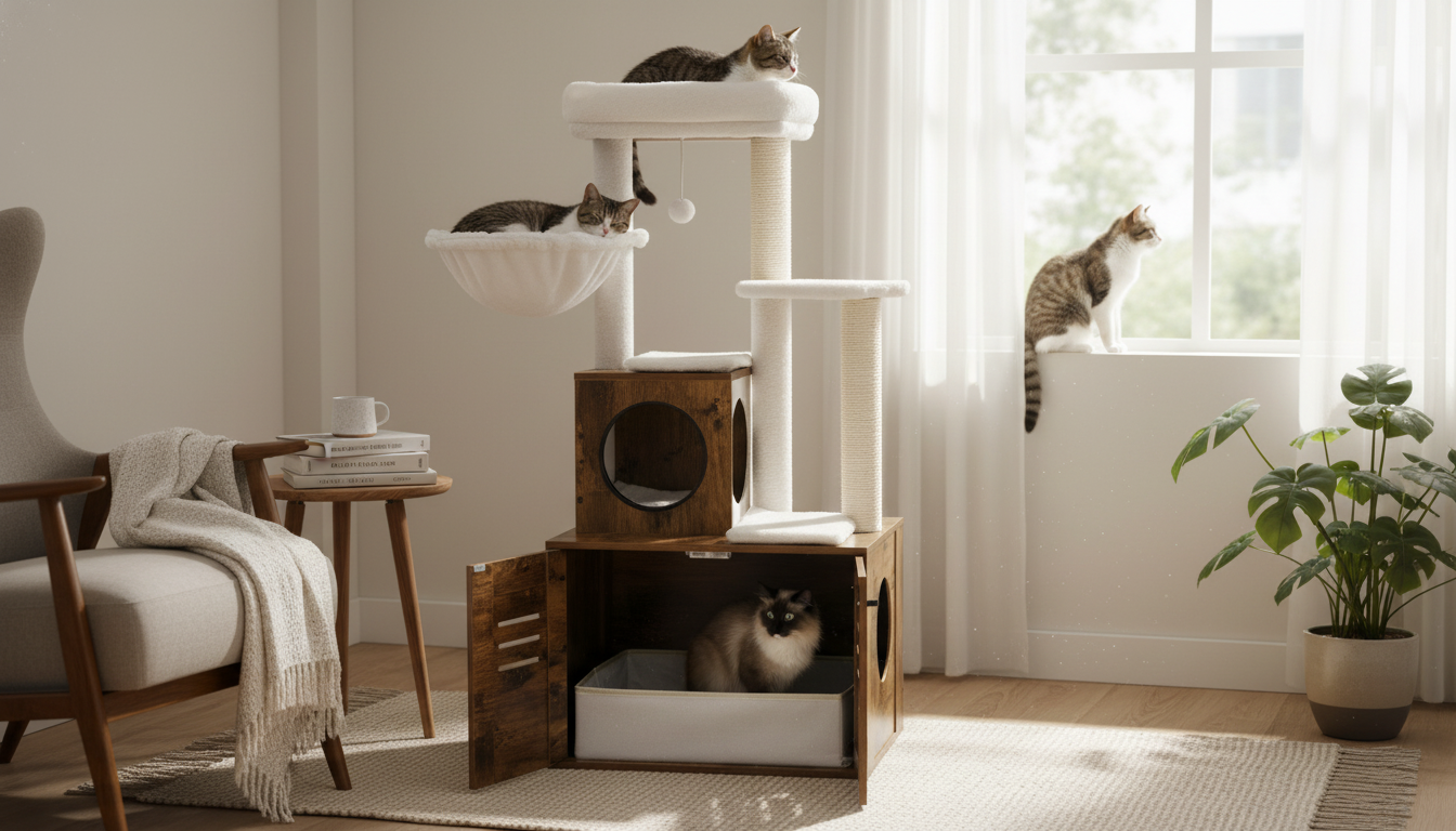 Wooden Cat Tower with Litter Box, Hammock & Scratchers